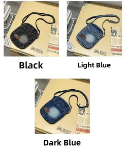 Three colors of washed denim crossbody bags shown with vintage leather patches and straps