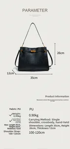 Detailed dimensions and specs of black woven PU leather tote bag with adjustable strap