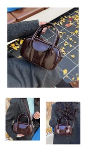 Detailed views of dark brown oil wax leather bowling bag in various carrying styles