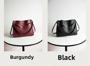 Detailed comparison of wine red and black woven leather tote bags with gold hardware accents
