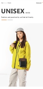 Close-up of unisex mini crossbody phone bag in black and brown leather on model