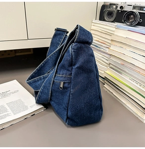 Detail of dark blue denim shoulder bag with metal zipper and adjustable strap