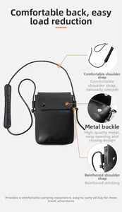 Detail view of the black canvas phone bag featuring a magnetic snap and padded shoulder strap