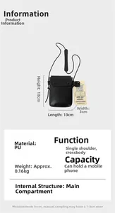 Detail specifications of black PU leather crossbody phone bag with size 13x18x3cm and 0.16kg