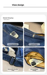 Detailed views of denim crossbody bag showing smooth zippers and adjustable strap