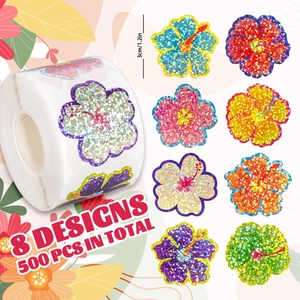 Roll of 500 waterproof glitter hibiscus stickers with 8 colorful floral designs for sealing