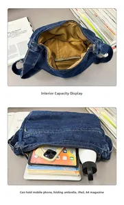 Deep blue denim tote bag interior showing capacity for A4 magazines and iPad storage