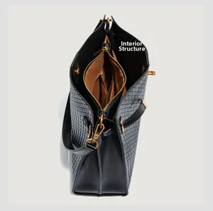 Internal structure of black woven tote bag with brown lining and gold hardware