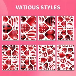 Set of 8 red Valentine heart stickers with stripes and polka dots for party decor