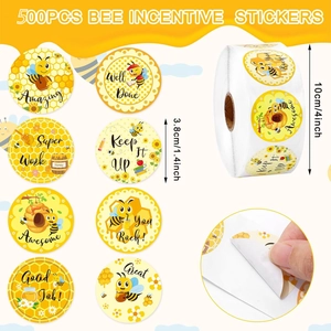 Roll of 500 cute yellow bee reward stickers for kids, 1.4 inch round adhesive labels