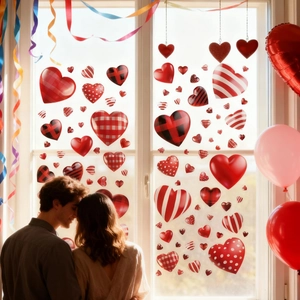 Romantic Valentine's Day heart window stickers set with plaid patterns for party decor