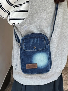 Vintage Washed Denim Crossbody Bag For Women Retro Mini Phone Bag With Leather Patch Adjustable Strap Casual Shoulder Bag