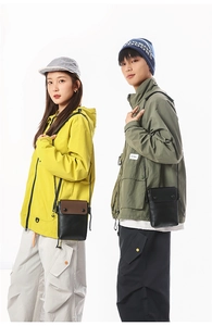 Detail of minimalist canvas crossbody phone bags with double snap buttons and slim straps