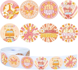 Detail of 8 groovy retro spring flower thank you stickers with peace signs and butterflies