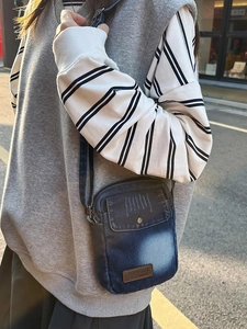 Chic washed denim mini crossbody phone bag for women with leather logo and retro finish