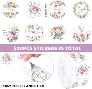 Detail of 500 watercolor floral Thank You stickers roll with 2.5cm diameter size