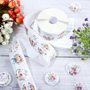 Floral Thank You sticker rolls with colorful spring flowers for gift envelopes and cards