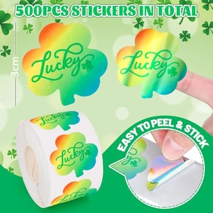Roll of 500 lucky shamrock stickers with rainbow holographic finish for St. Patrick's Day