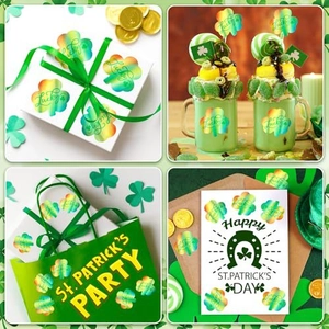 Holographic shamrock stickers shown on gift boxes and cups for Saint Patrick's Day decor