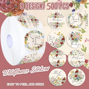 500pcs wildflower thank you stickers roll with 8 floral designs for envelopes