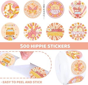 Detail view of 500 boho floral thank you stickers with easy-to-peel feature on white background