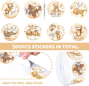 Detailed view of 500 watercolor bear stickers roll with 8 cute designs for envelopes