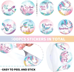 Detail of 500 count mermaid thank you stickers with sea life patterns and 2.5cm diameter