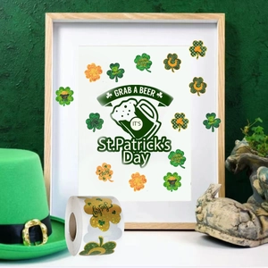 Roll of holographic St. Patrick's Day lucky clover stickers for gift packaging decoration