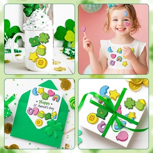 Versatile St. Patrick's Day stickers used on mugs, gift boxes, and as festive face decor