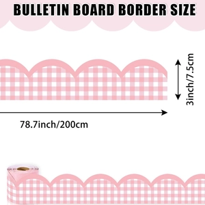 Pink gingham bulletin board border sticker with scalloped edges for DIY classroom decor