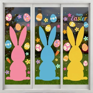 Detailed view of large Easter window clings with colorful bunnies and eggs on glass door