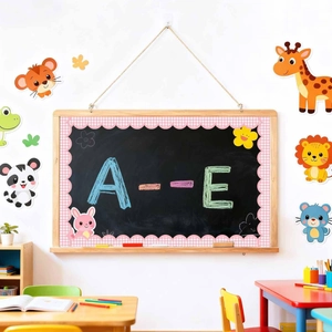 Pink checkered bulletin board border with cute animal stickers for classroom wall decor