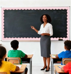 Pink checkered scalloped border trim decorating a blackboard in a classroom setting