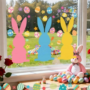 Large Easter window stickers with colorful bunnies, eggs, and floral festive designs