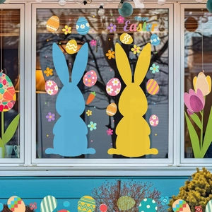 Detail of Happy Easter window stickers featuring large bunnies and colorful floral eggs