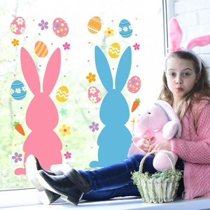 Detail of colorful Easter bunny and floral window stickers for home party decoration