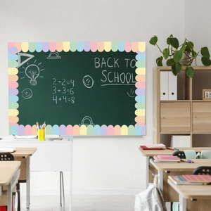 Detail of scalloped bulletin board border with rainbow macaron colors for classroom decor