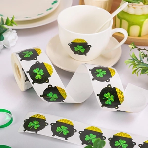 Holographic St. Patrick's Day shamrock and gold pot stickers roll for holiday party decor