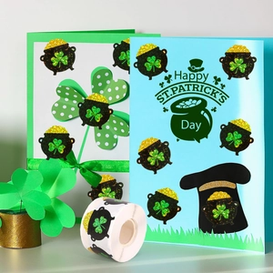 500-count roll of Saint Patrick's Day clover and gold coin pot waterproof stickers