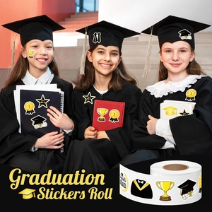 Roll of 500 graduation theme stickers with black and gold celebratory badges and caps