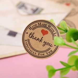 Round kraft paper thank you stickers with red heart for handmade gift packaging