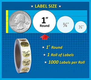 Size guide showing 1 inch gold Thank You stickers on a roll with 1000 labels per roll