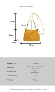 Detailed dimension guide for yellow suede bucket bag showing adjustable strap and size specs