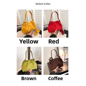 Collage of four suede hobo bags in yellow, red, green and coffee colors showing plush texture