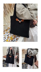 Detail of black faux fur tote bag featuring retro toggle closure and leather trim