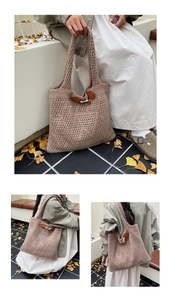 Close-up of French crochet tote bag with wooden horn buckle and hollow knit texture