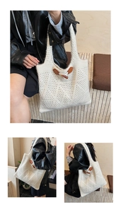 Detail of hollow knit tote bag with intricate crochet pattern and horn button closure