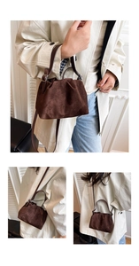 Three-way view of deep brown suede ruched dumpling bag with silver hardware and strap