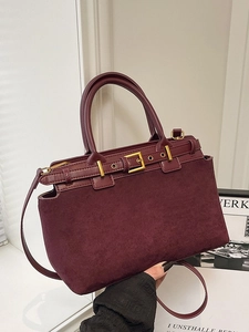 Deep burgundy suede and smooth leather handbag with vintage gold buckle and shoulder strap