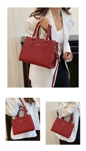 Detailed views of a red litchi texture leather handbag with gold embossed lettering
